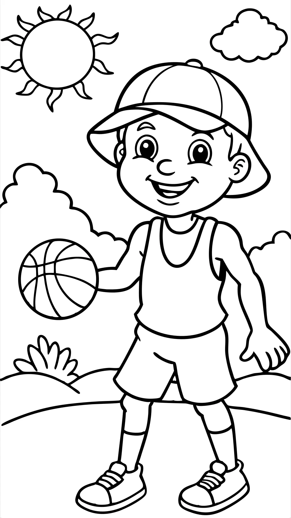 Niño jugando a la página para colorear de baloncesto